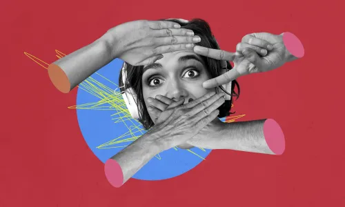 Collage young woman face head body fragment with hands covering mouth censorship